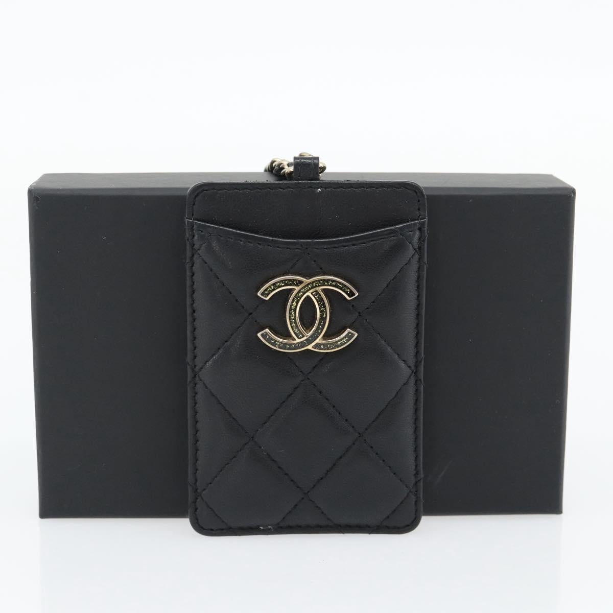 CHANEL Matelasse Chain Card Case Lamb Skin Black Gold CC Auth 181678A