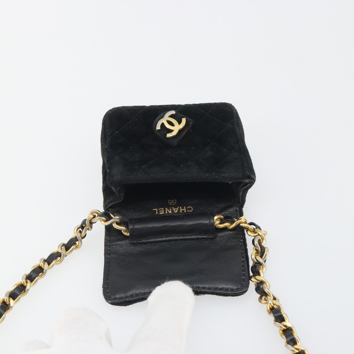 CHANEL Mini Matelasse Neck Pouch Velor Black Gold CC Auth 181680