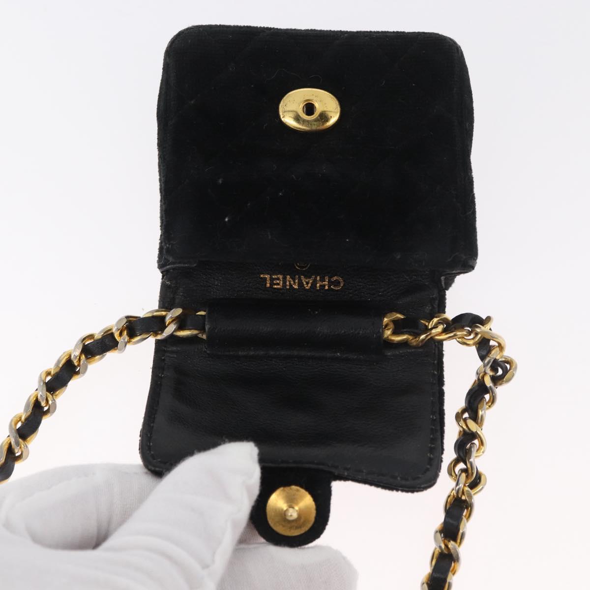 CHANEL Mini Matelasse Neck Pouch Velor Black Gold CC Auth 181680A