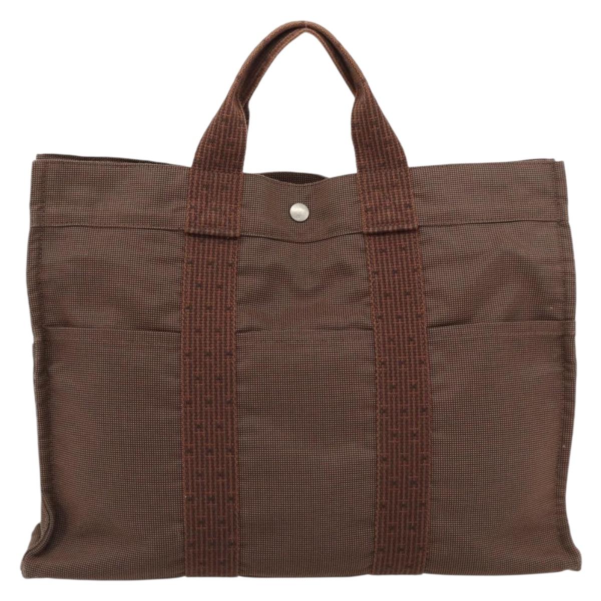 HERMES Fourre Tout MM Hand Bag Canvas Brown Silver Auth 181710