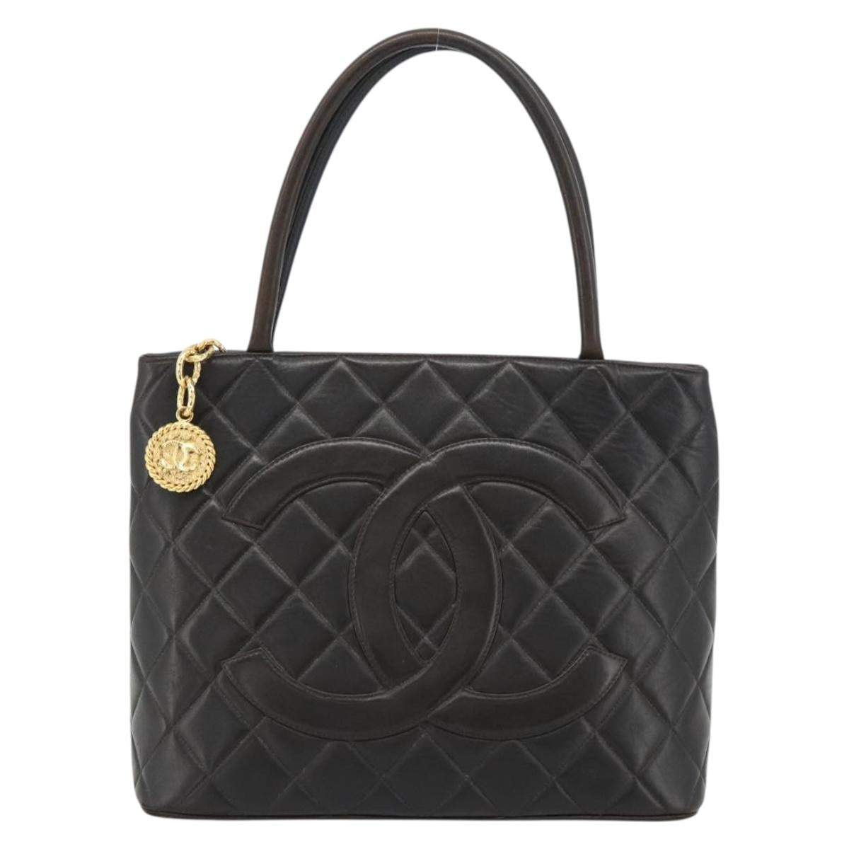 CHANEL Matelasse Reprint Tote Bag Lamb Skin Black Gold CC Auth 181711A