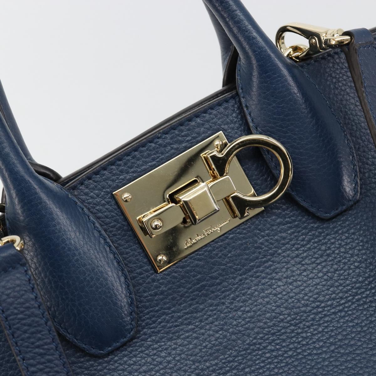 Salvatore Ferragamo Studio Hand Bag Leather 2way Blue Gold Auth 181716A