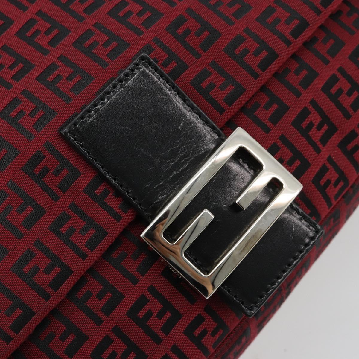 FENDI Zucchino Canvas Mamma Baguette Shoulder Bag Red Silver Auth 181719V