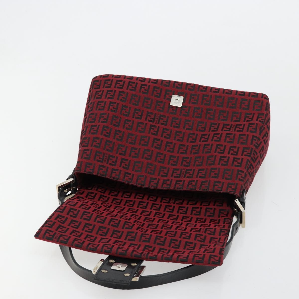 FENDI Zucchino Canvas Mamma Baguette Shoulder Bag Red Silver Auth 181719V