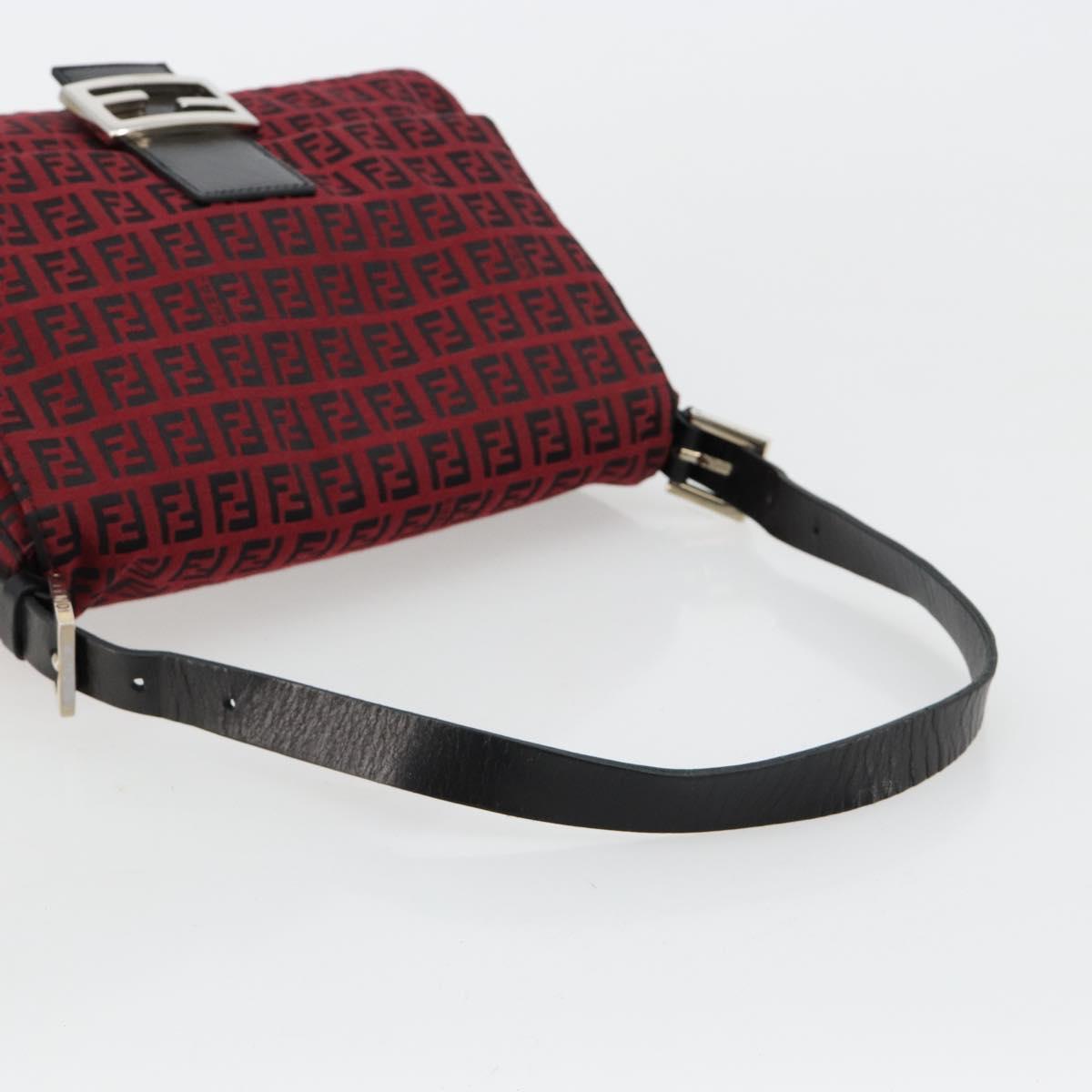 FENDI Zucchino Canvas Mamma Baguette Shoulder Bag Red Silver Auth 181719V