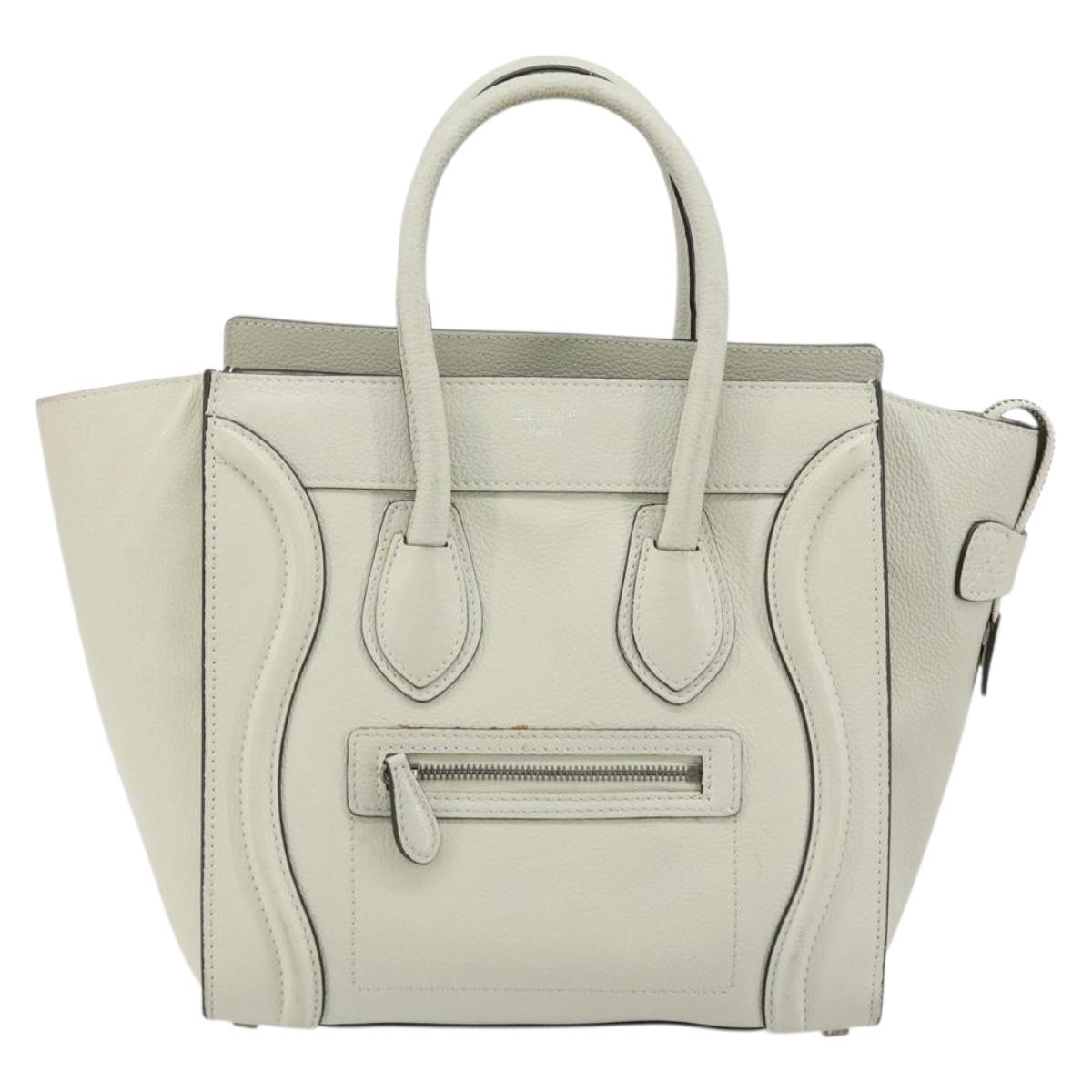 CELINE Luggage Micro Shopper Hand Bag Leather Ivory Silver Auth 181757M