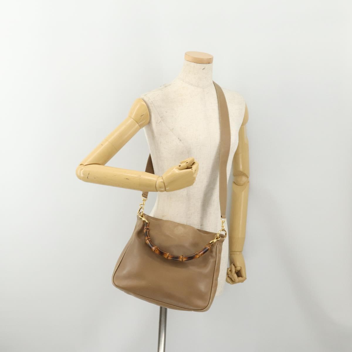 GUCCI Bamboo Shoulder Bag Leather Beige Gold 001 2113 1638 Auth 181800