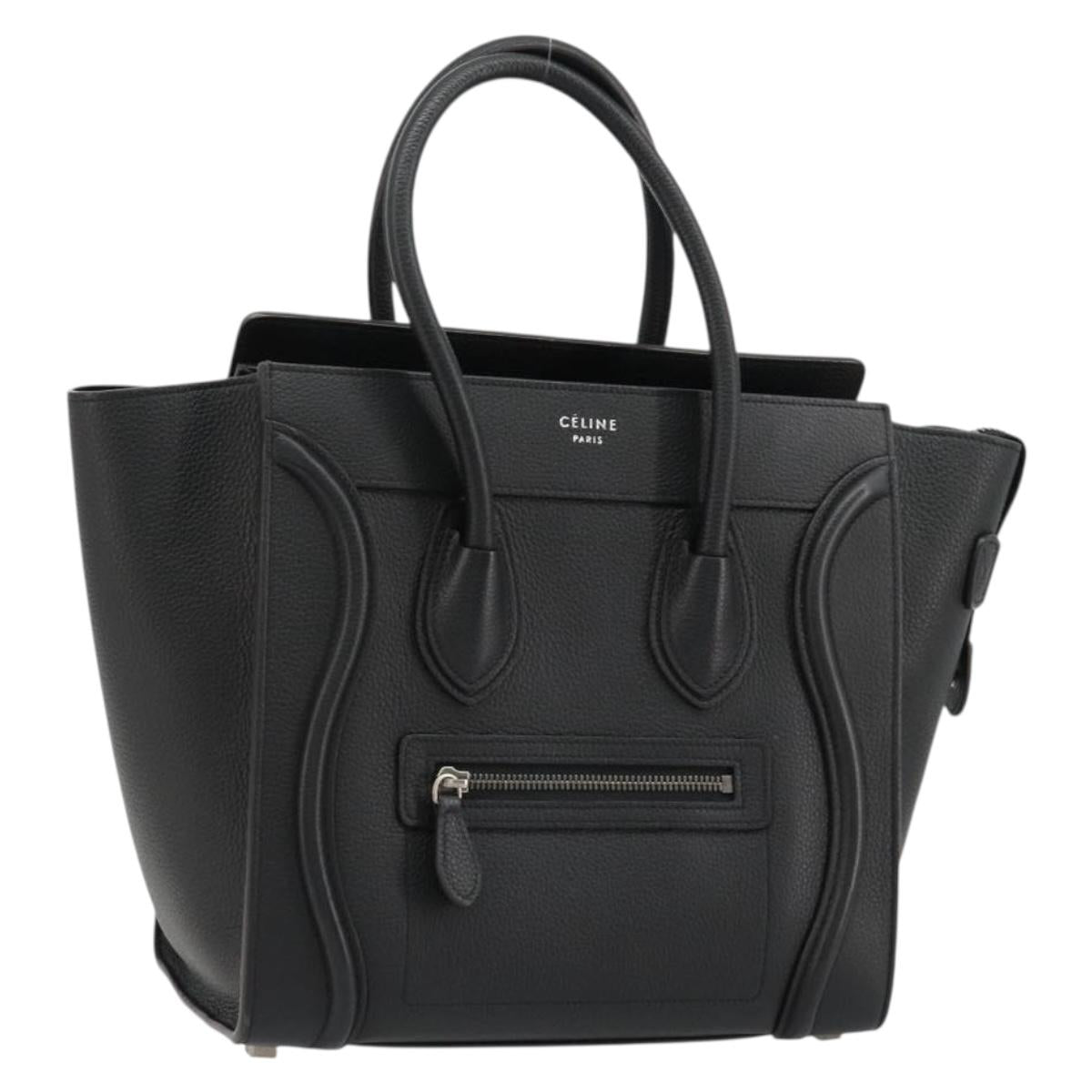 CELINE Luggage Micro Shopper Hand Bag Leather Black Silver Auth 181819SAM