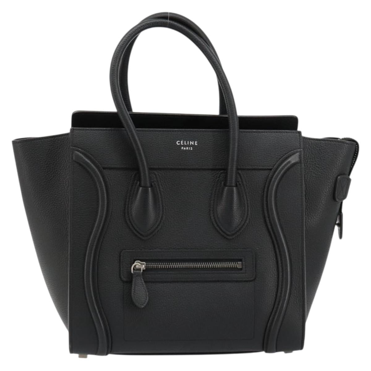 CELINE Luggage Micro Shopper Hand Bag Leather Black Silver Auth 181819SAM