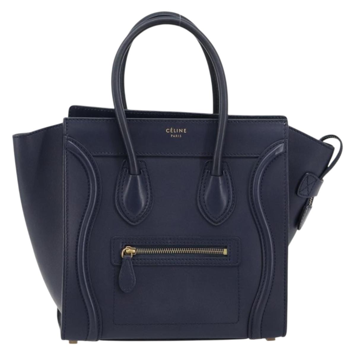 CELINE Luggage Micro Shopper Hand Bag Leather Navy Gold Auth 181820M