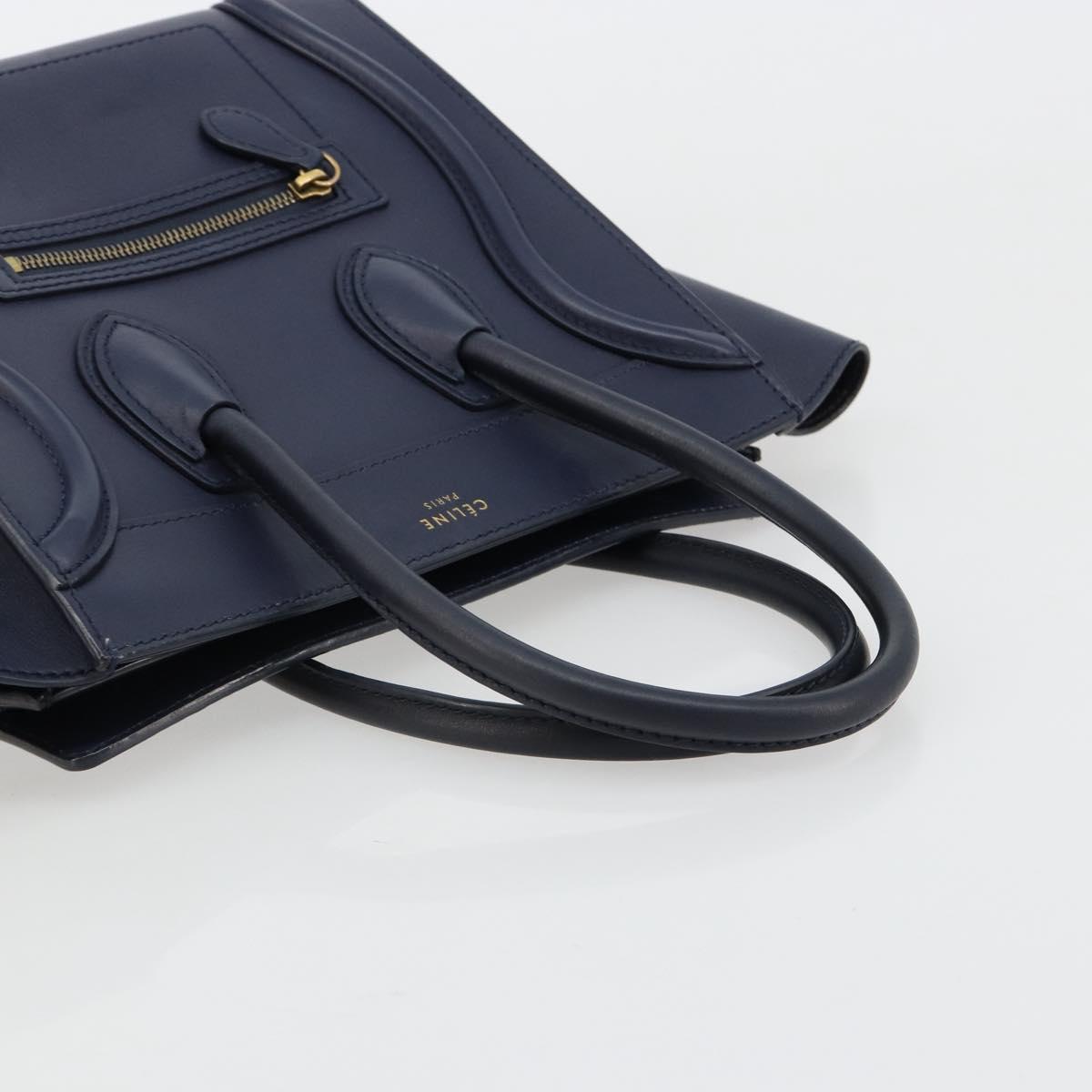 CELINE Luggage Micro Shopper Hand Bag Leather Navy Gold Auth 181820M