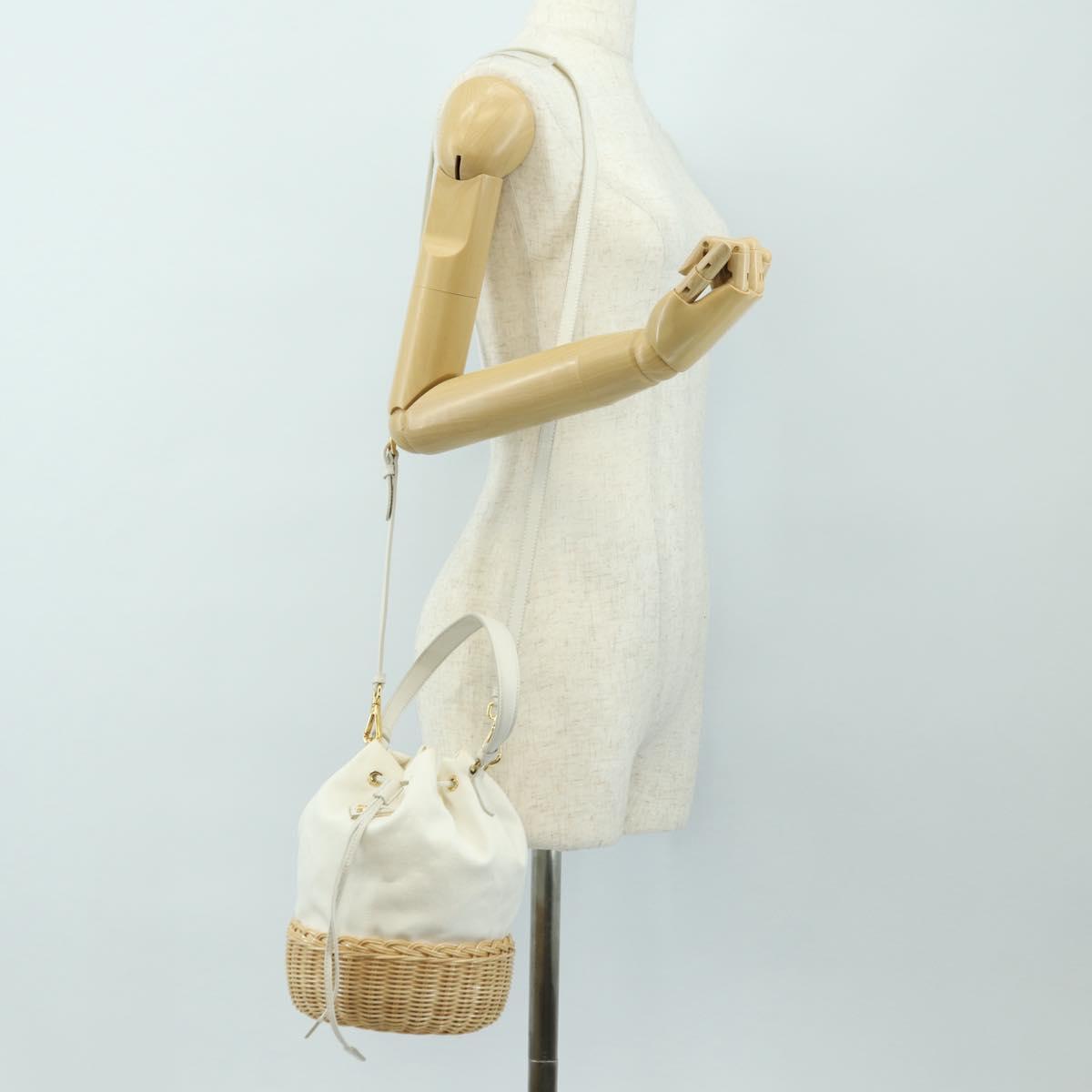 PRADA Hand Bag Rattan 2way White Gold Auth 181826SM
