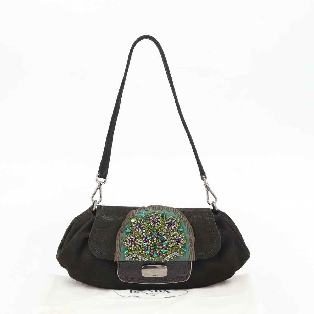 PRADA Shoulder Bag Leather Dark Brown Silver Auth 181835M