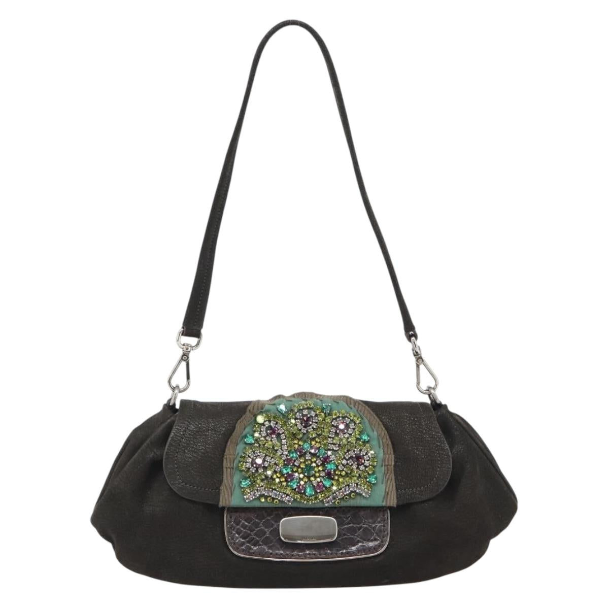 PRADA Shoulder Bag Leather Dark Brown Silver Auth 181835M