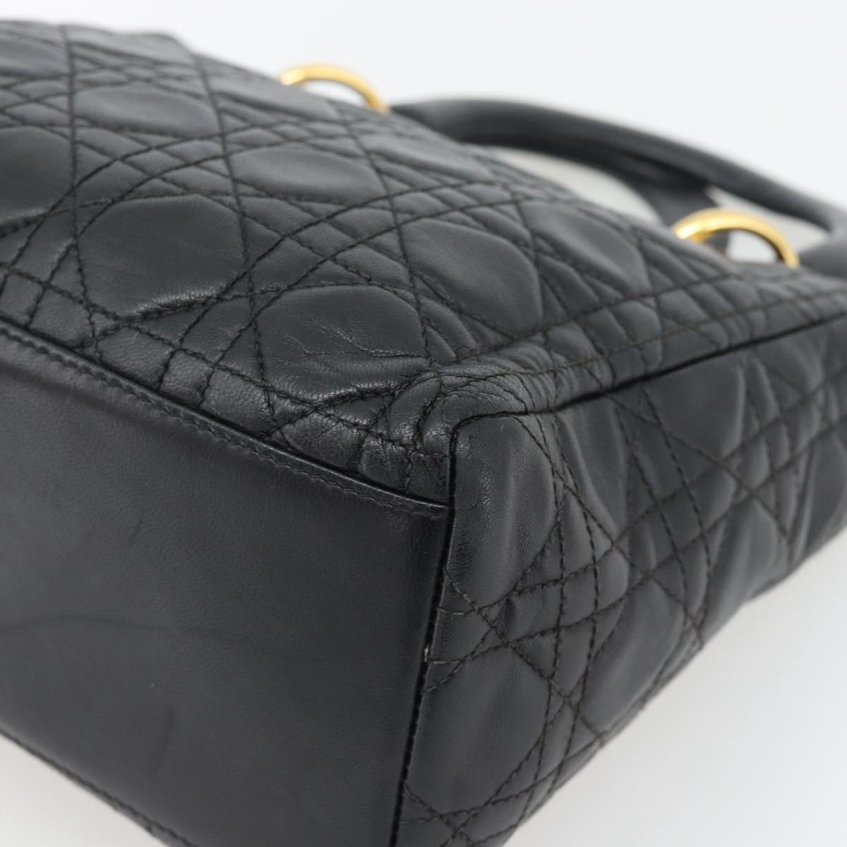 Christian Dior Canage Lady Dior Hand Bag Lamb Skin Black Gold Auth 181843A