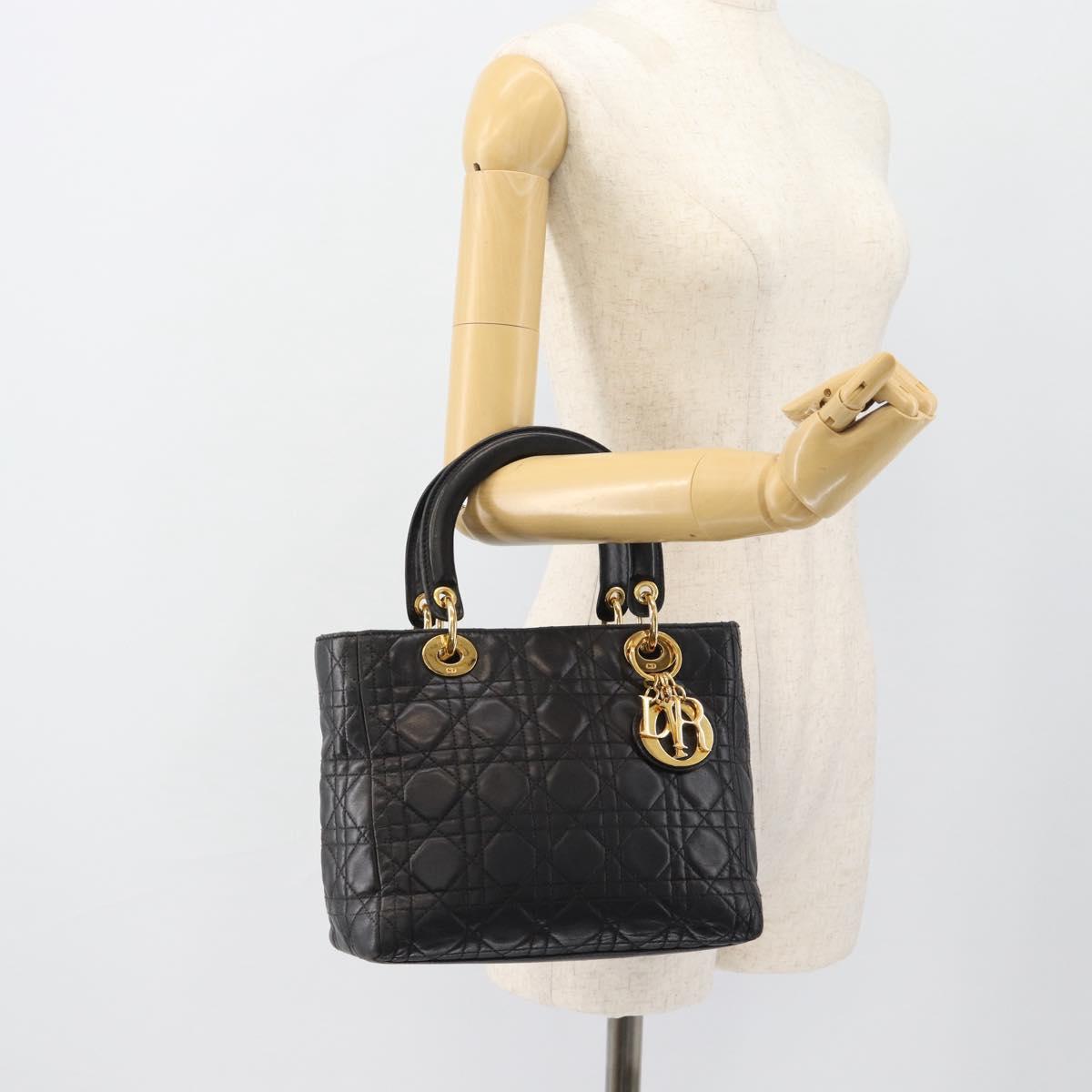 Christian Dior Canage Lady Dior Hand Bag Lamb Skin Black Gold Auth 181843A