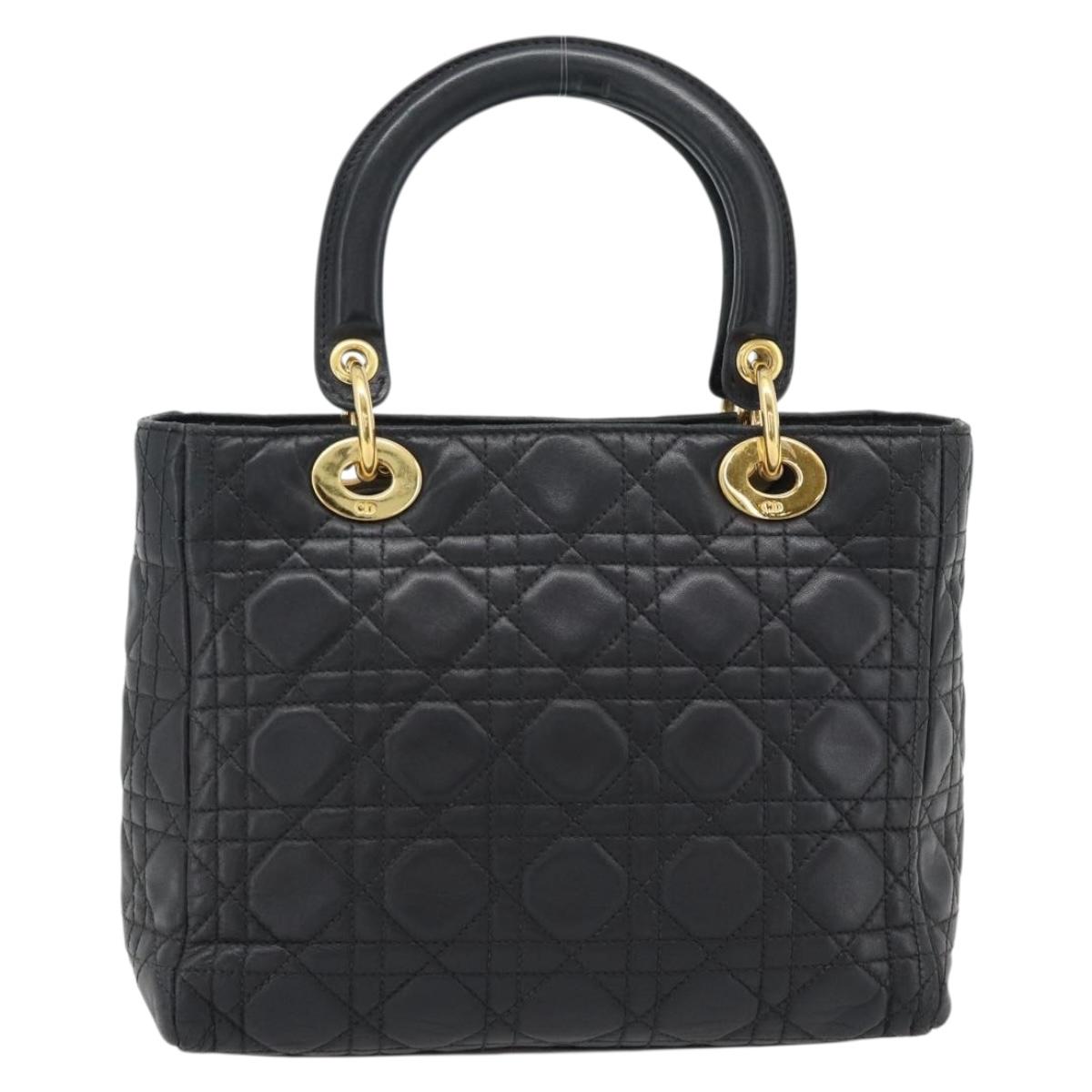 Christian Dior Canage Lady Dior Hand Bag Lamb Skin Black Gold Auth 181843A