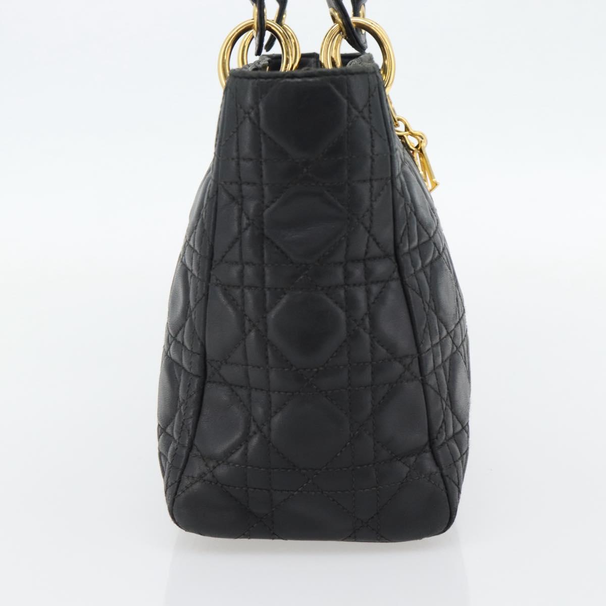 Christian Dior Canage Lady Dior Hand Bag Lamb Skin Black Gold Auth 181843A