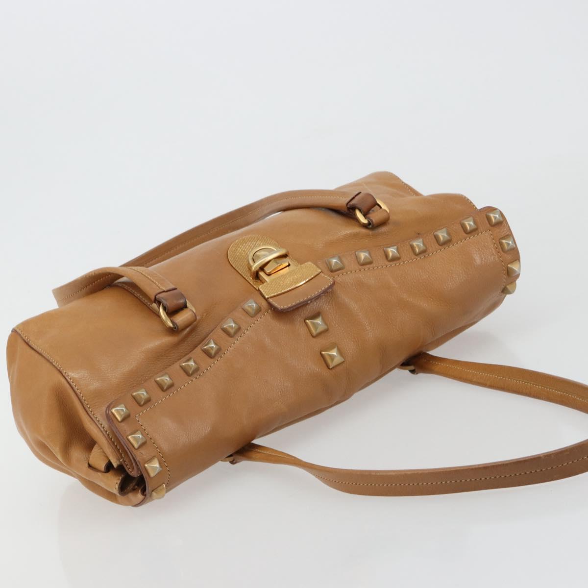 PRADA Tote Bag Leather Beige Gold Auth 181853A
