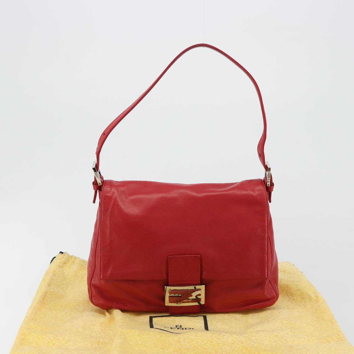 FENDI Mamma Baguette Shoulder Bag Leather Red Silver 2373 26325 Auth 181860M
