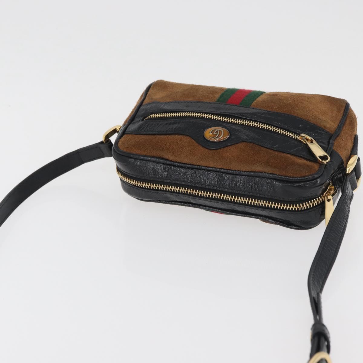 GUCCI Web Sherry Line Shoulder Bag Suede Brown Gold 573321 Auth 181861