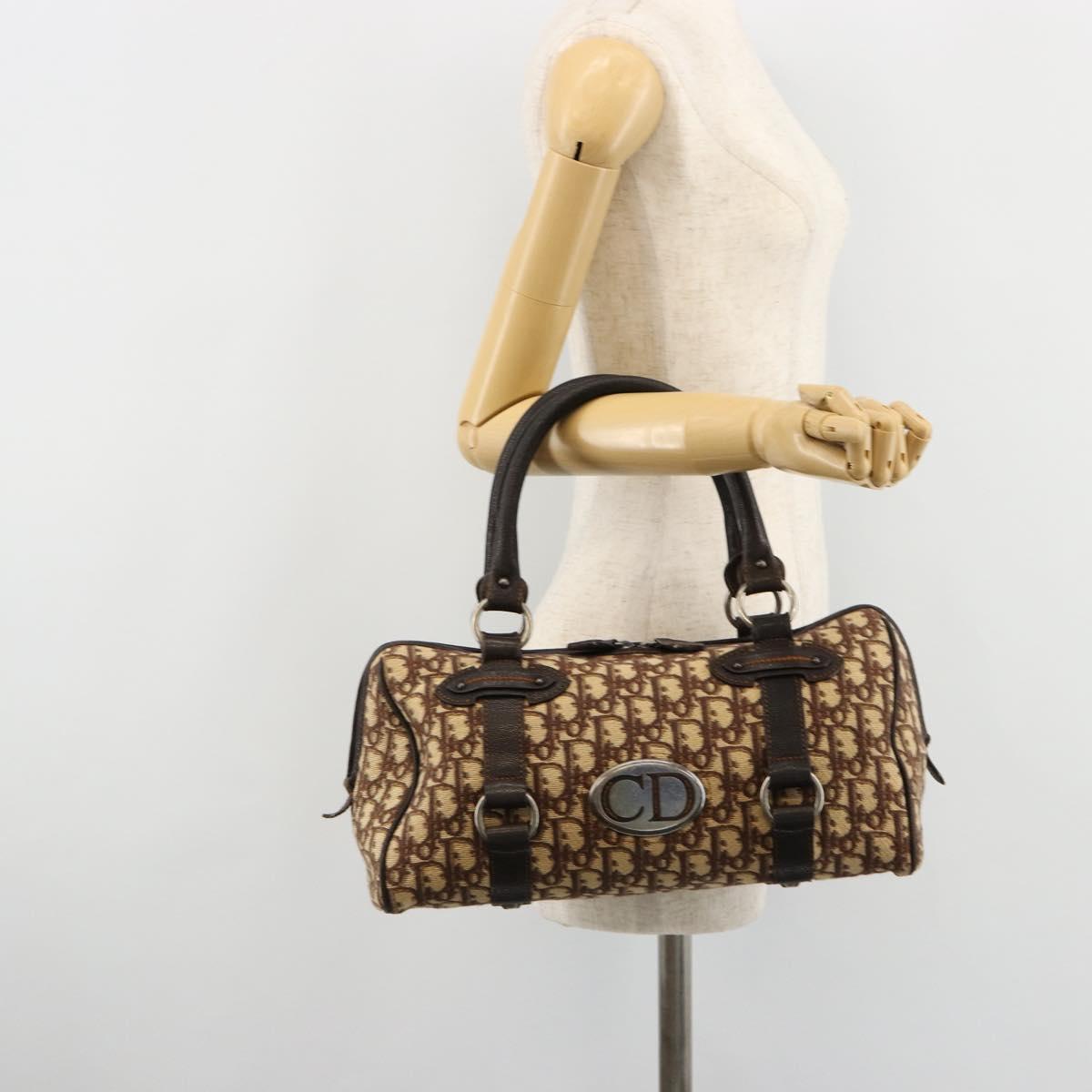 Christian Dior Trotter Canvas Hand Bag Brown Silver Auth 181890V