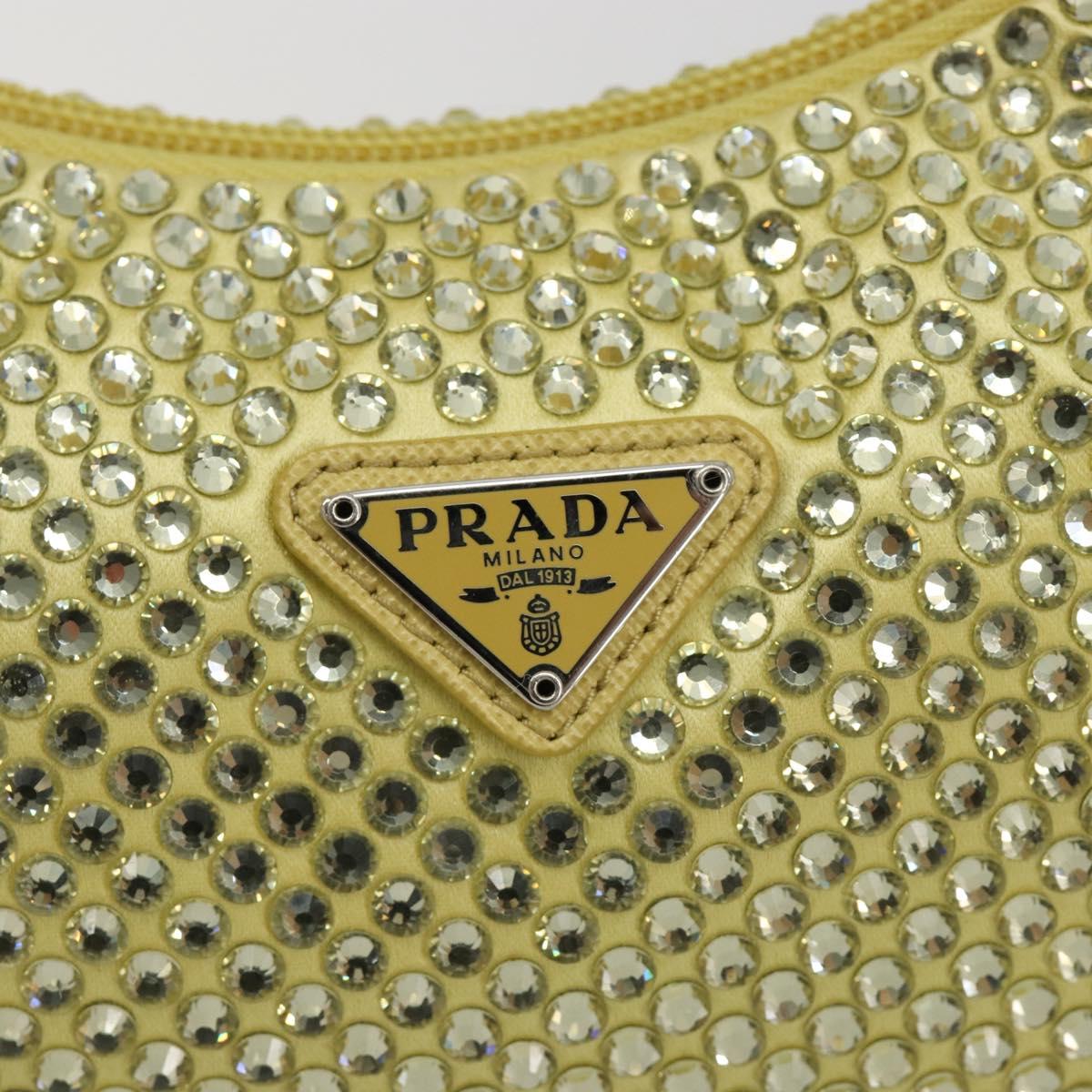PRADA Rhinestone Hand Bag Satin Yellow Silver Auth 181892SM