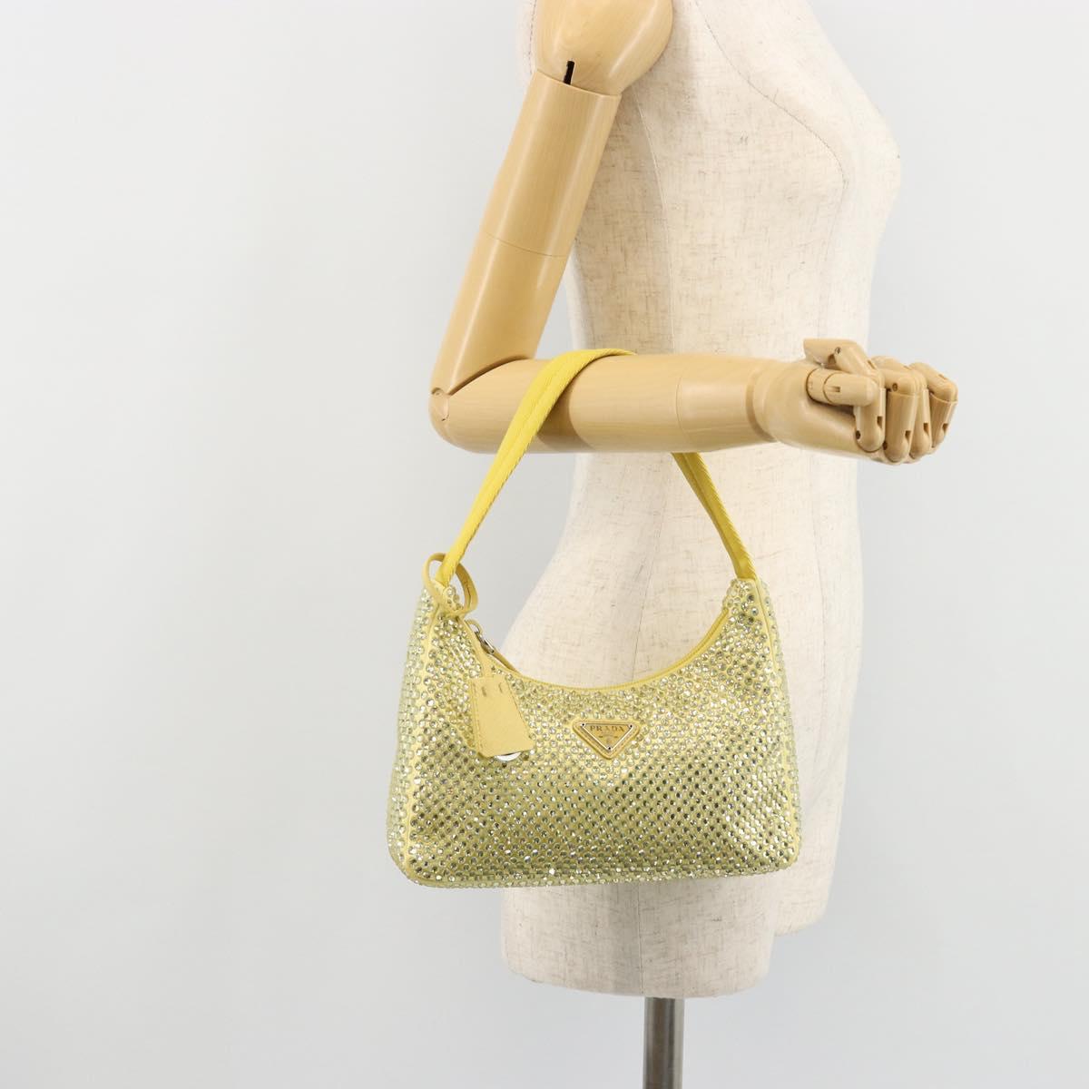 PRADA Rhinestone Hand Bag Satin Yellow Silver Auth 181892SM