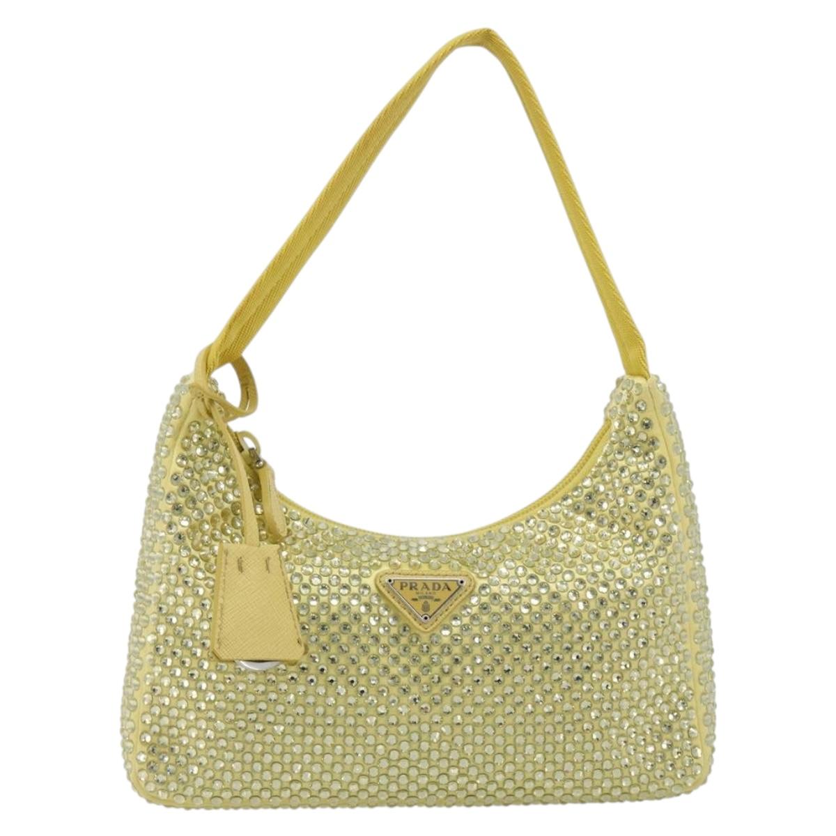 PRADA Rhinestone Hand Bag Satin Yellow Silver Auth 181892SM