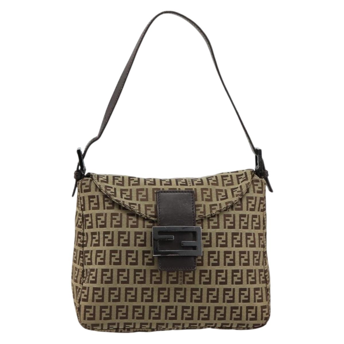 FENDI Zucchino Canvas Mamma Baguette Shoulder Bag Beige Silver Auth 181899A