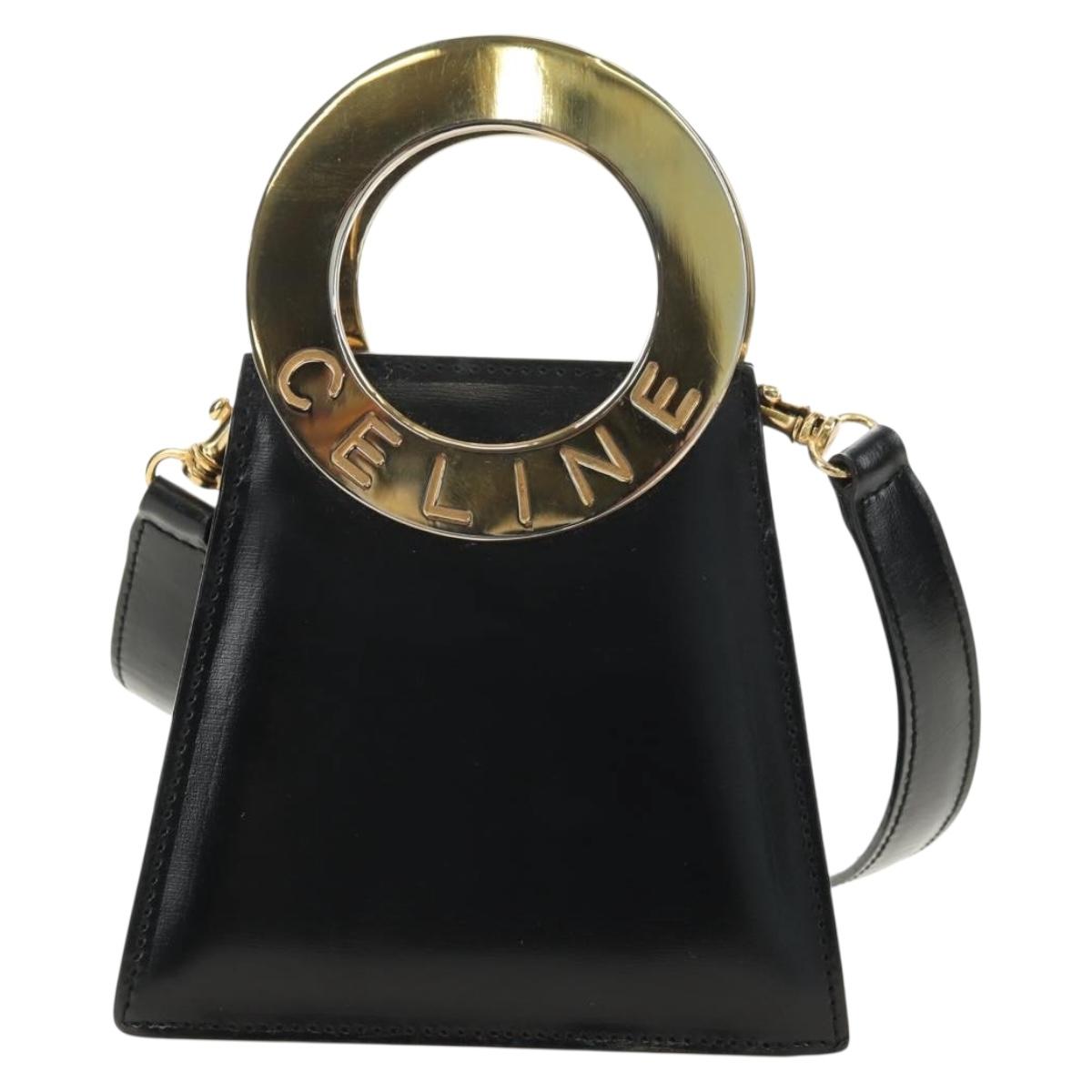 CELINE Circle Shoulder Bag Leather Black Gold Auth 181901SM