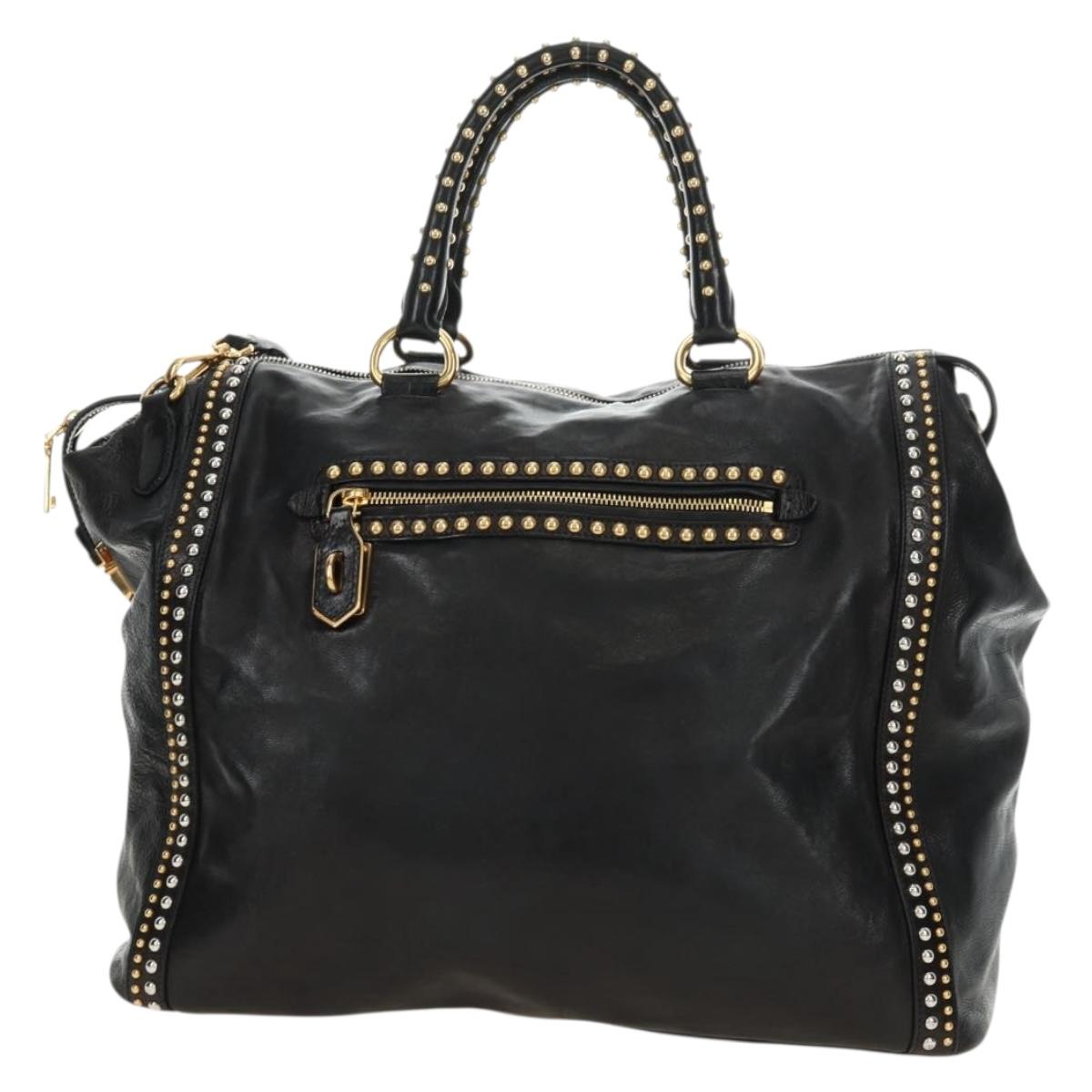PRADA Tote Bag Leather 2way Black Gold Silver Auth 181906SM