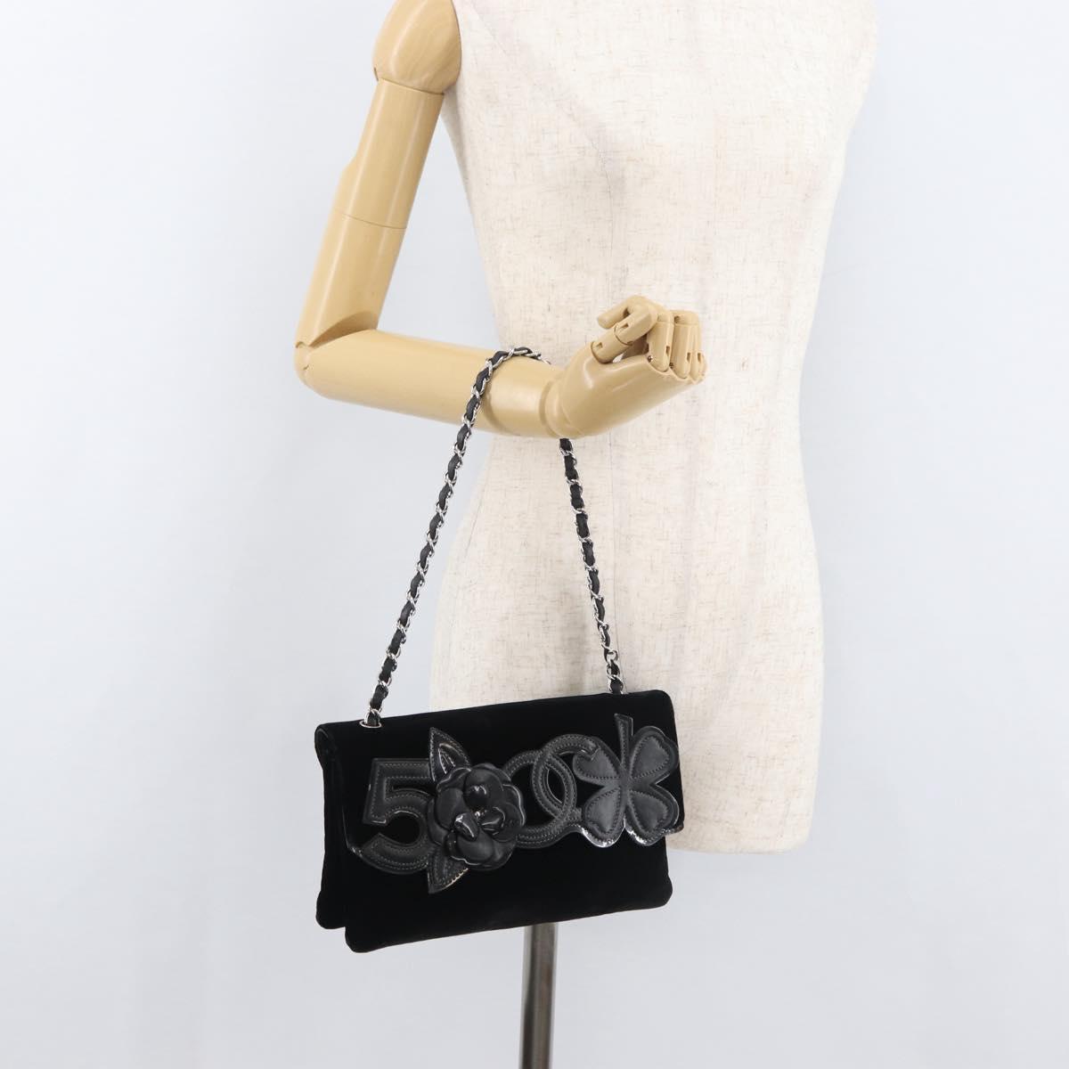 CHANEL Chain Camelia Shoulder Bag Velor Black Silver CC Auth 181910V