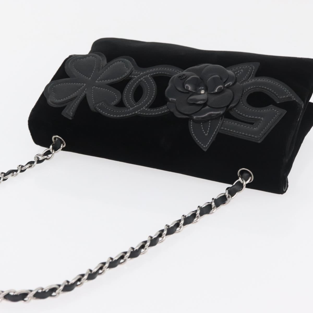 CHANEL Chain Camelia Shoulder Bag Velor Black Silver CC Auth 181910V