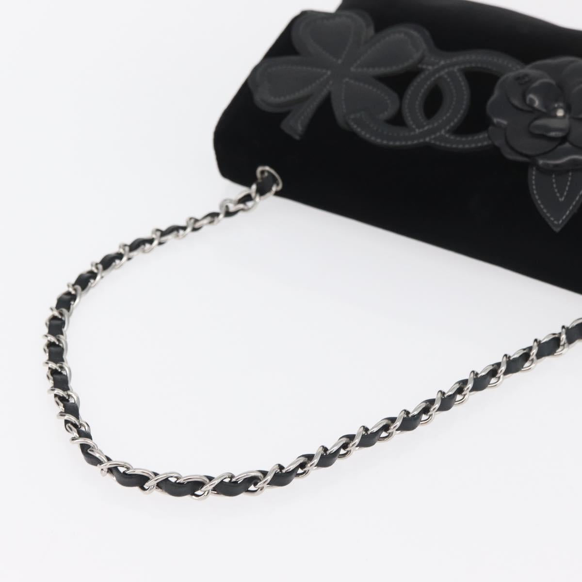 CHANEL Chain Camelia Shoulder Bag Velor Black Silver CC Auth 181910V