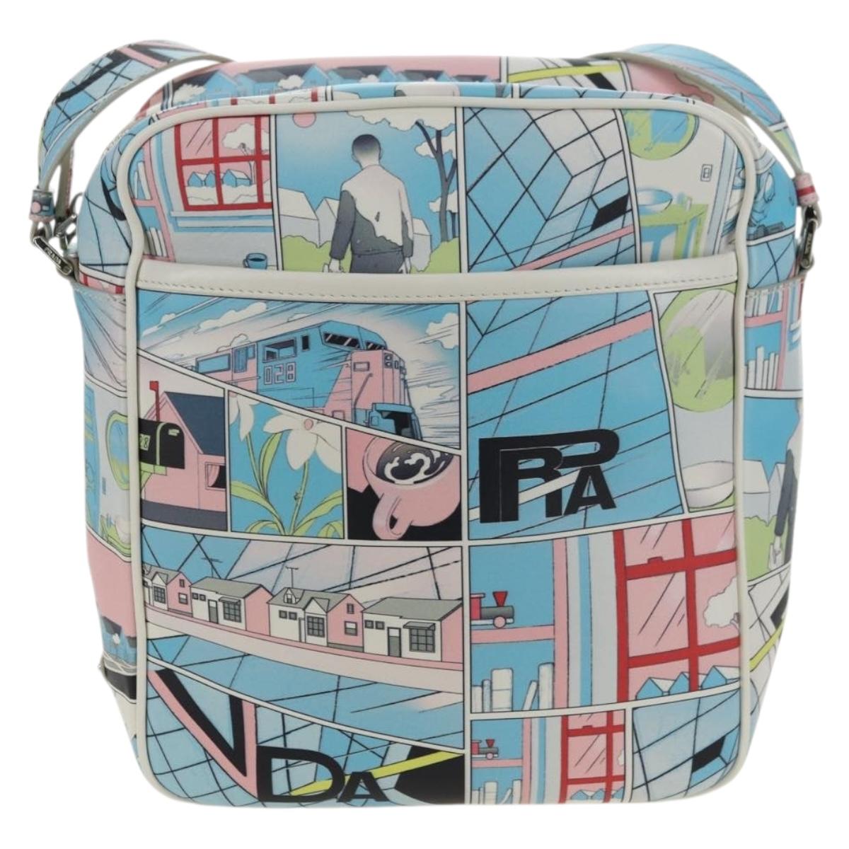 PRADA Comic Print Shoulder Bag Leather White Silver Auth 181914SM