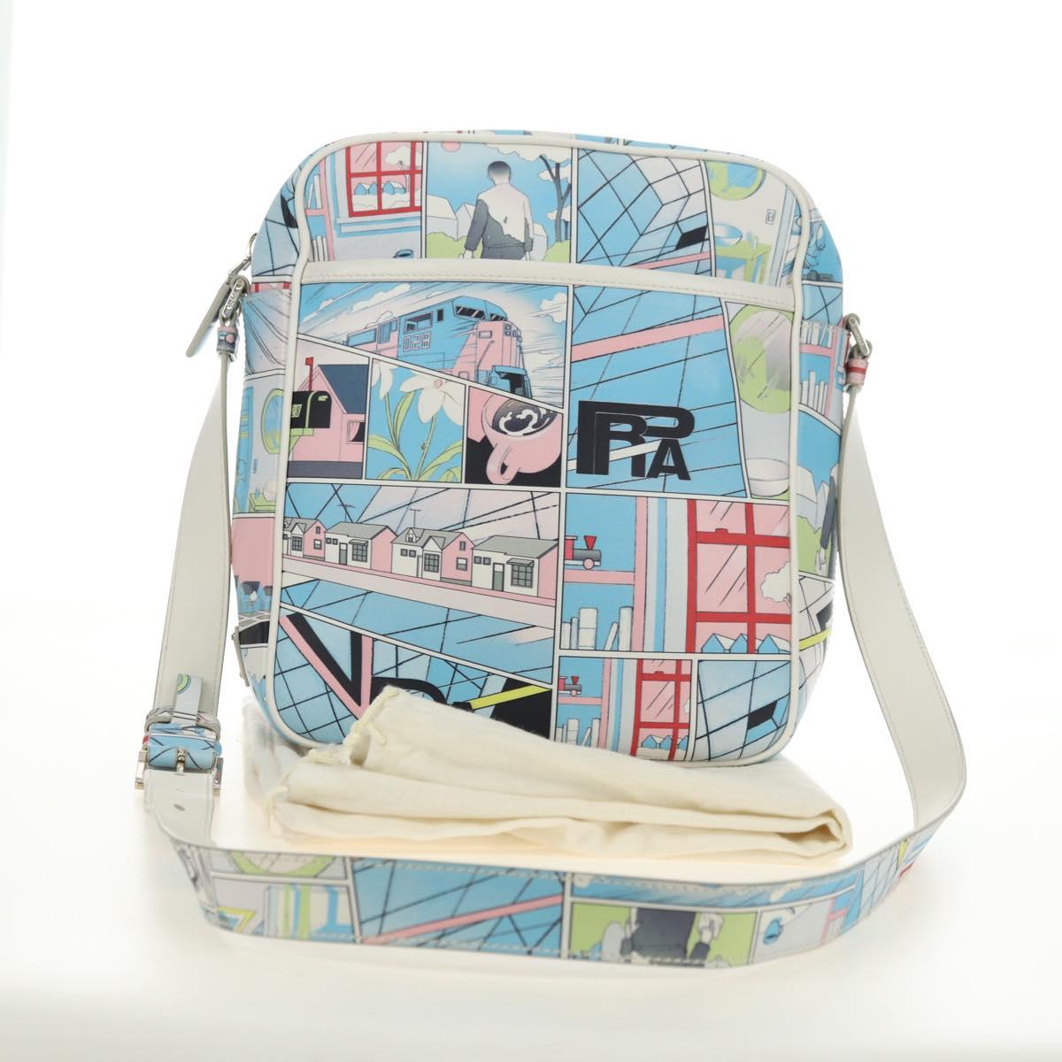PRADA Comic Print Shoulder Bag Leather White Silver Auth 181914SM