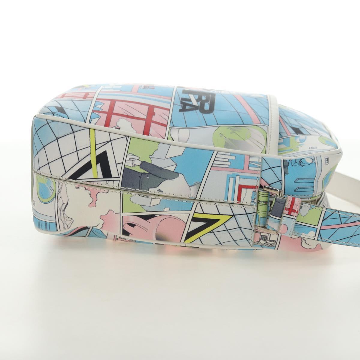 PRADA Comic Print Shoulder Bag Leather White Silver Auth 181914SM