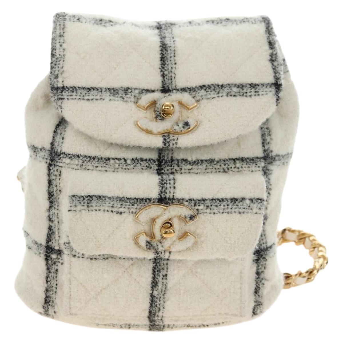 CHANEL Matelasse Chain Backpack Wool Tweed Ivory Gold CC Auth 181919SM
