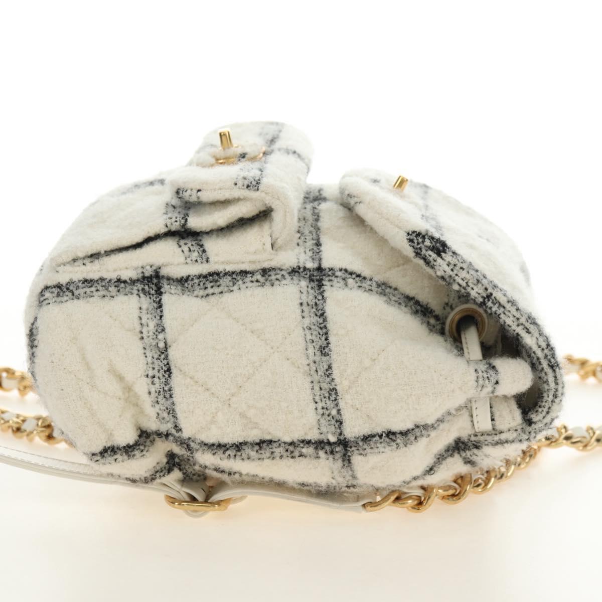 CHANEL Matelasse Chain Backpack Wool Tweed Ivory Gold CC Auth 181919SM