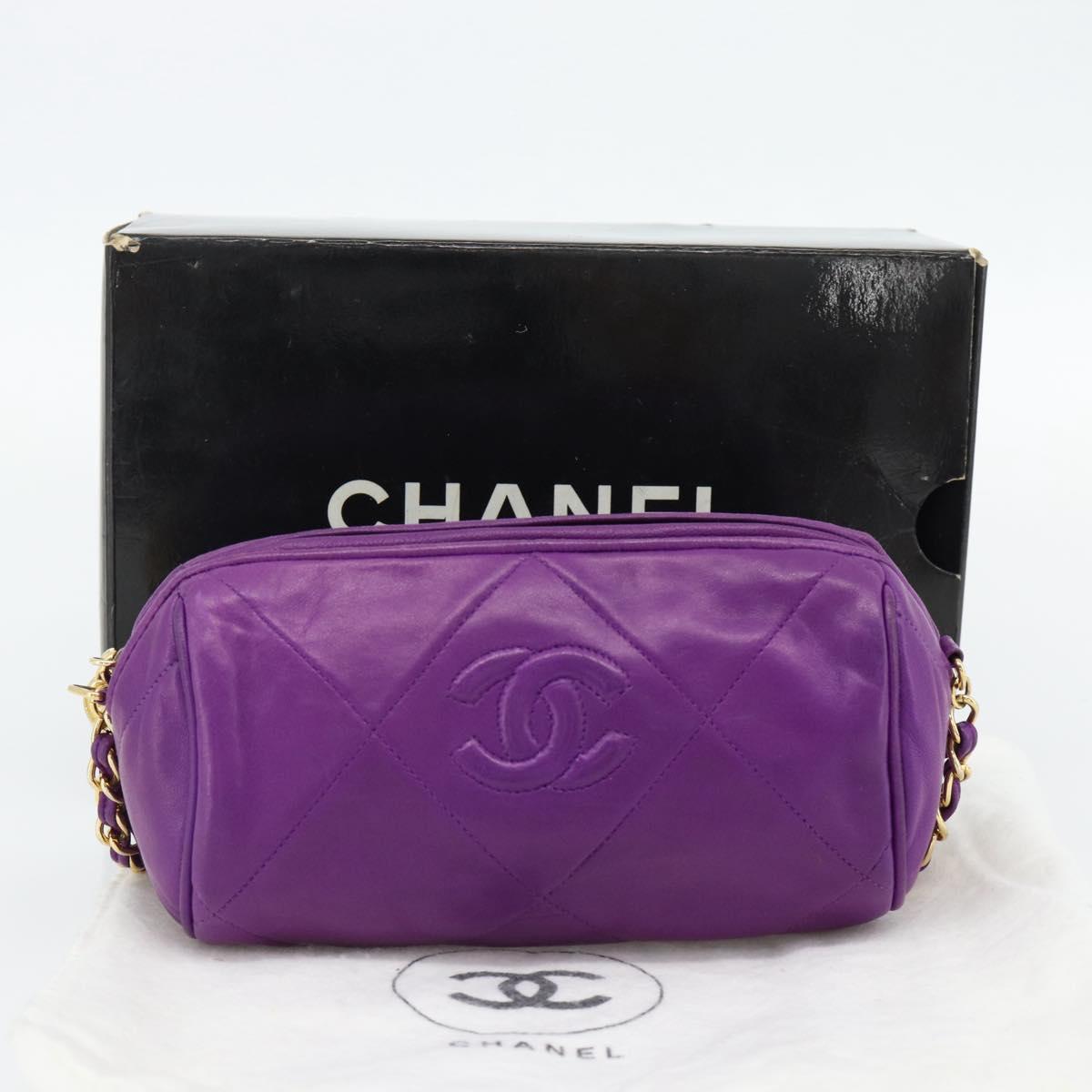 CHANEL Matelasse Chain Shoulder Bag Lamb Skin Purple Gold CC Auth 181924SM