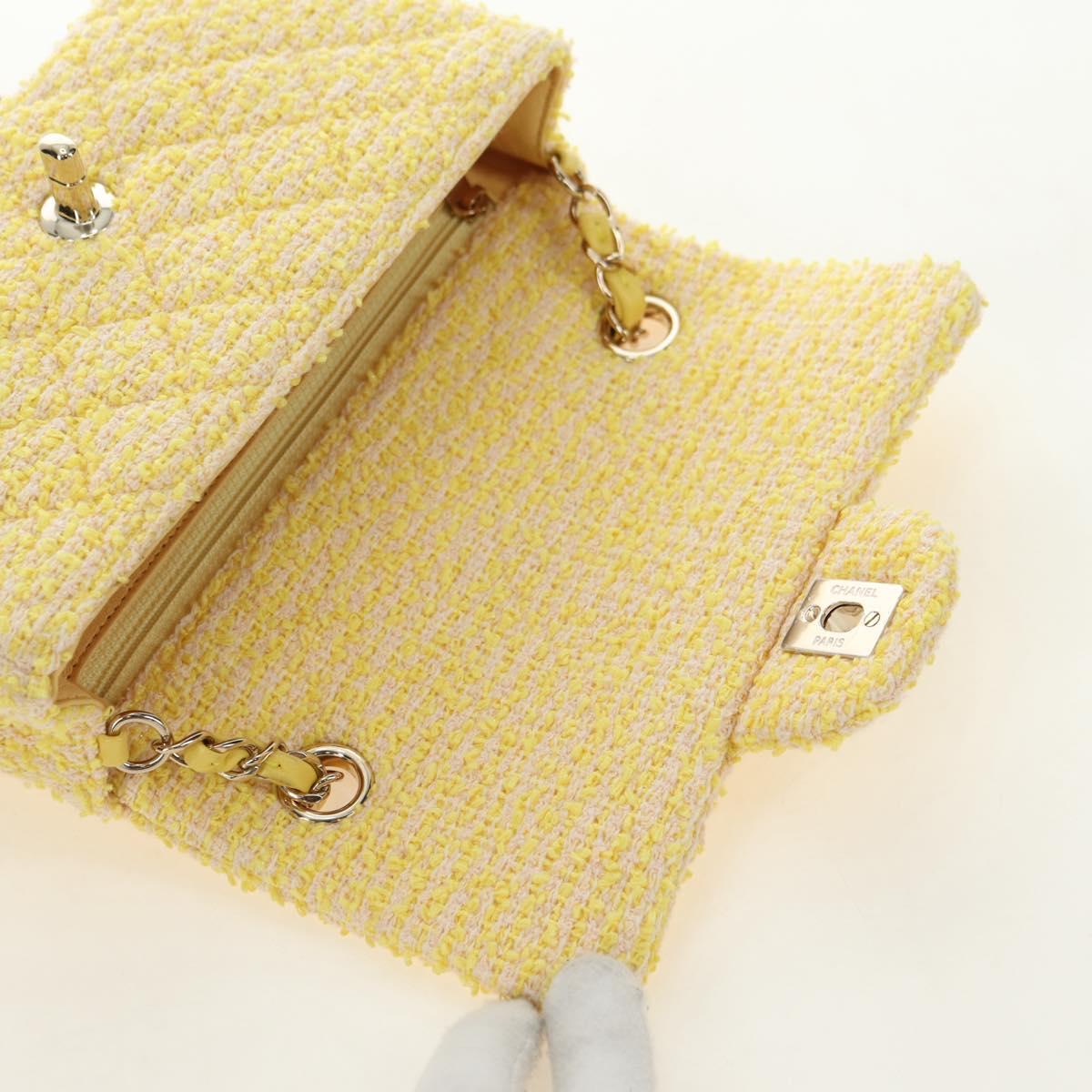 CHANEL Matelasse Chain Shoulder Bag Wool Tweed Yellow Gold CC Auth 181926SM