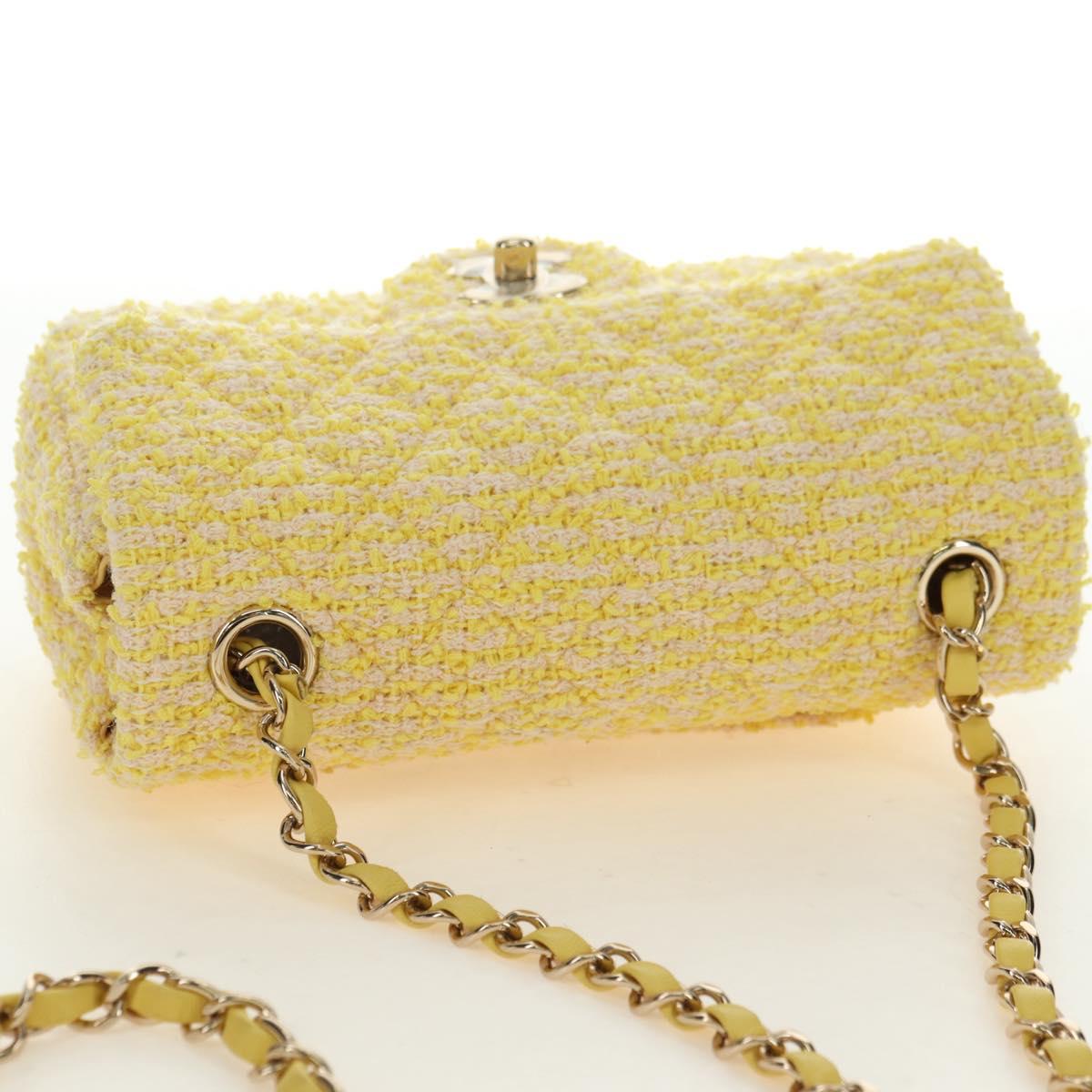 CHANEL Matelasse Chain Shoulder Bag Wool Tweed Yellow Gold CC Auth 181926SM