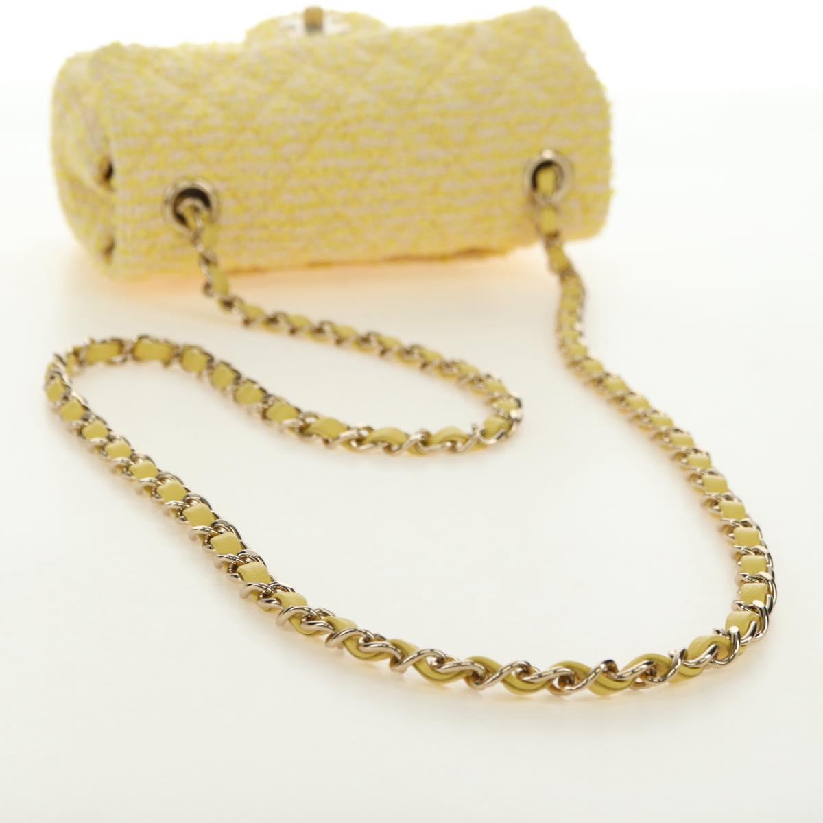 CHANEL Matelasse Chain Shoulder Bag Wool Tweed Yellow Gold CC Auth 181926SM