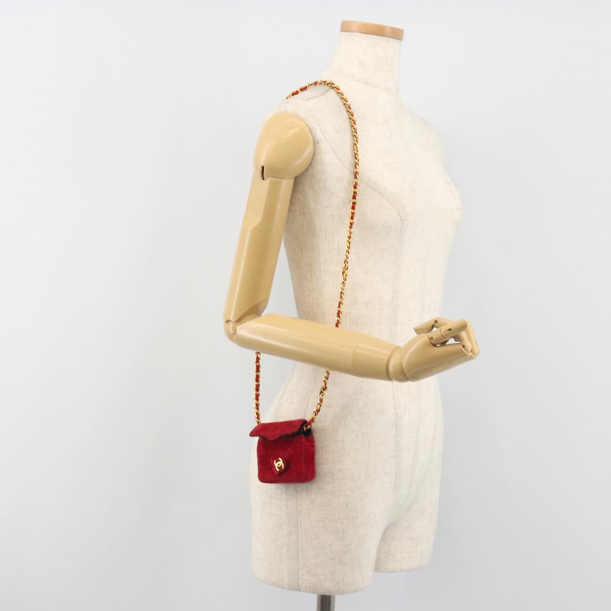 CHANEL Matelasse Chain Shoulder Bag Velor Red Gold CC Auth 181928