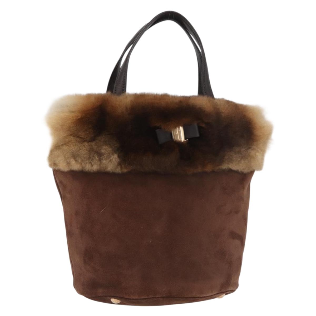Salvatore Ferragamo Vala Hand Bag Fur Brown Gold Auth 181933A