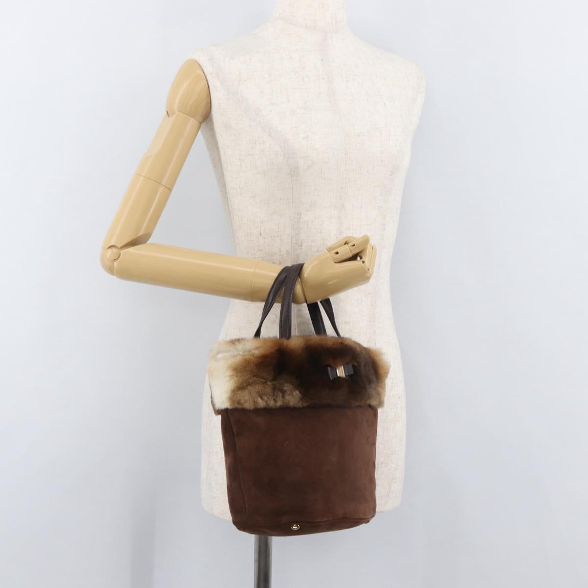 Salvatore Ferragamo Vala Hand Bag Fur Brown Gold Auth 181933A