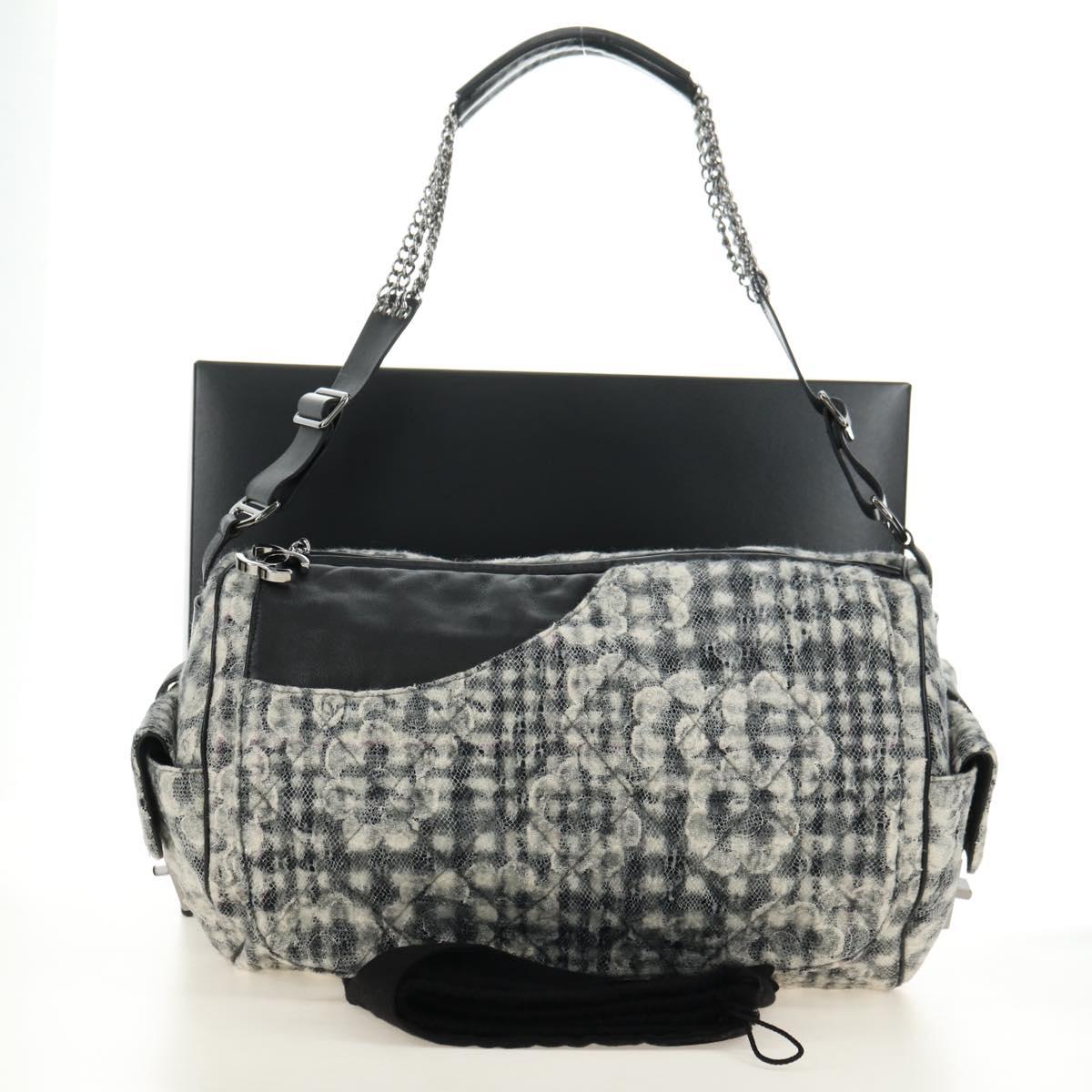 CHANEL Camelia 2.55 Chain Shoulder Bag Wool Tweed White Black CC Auth 181935SM
