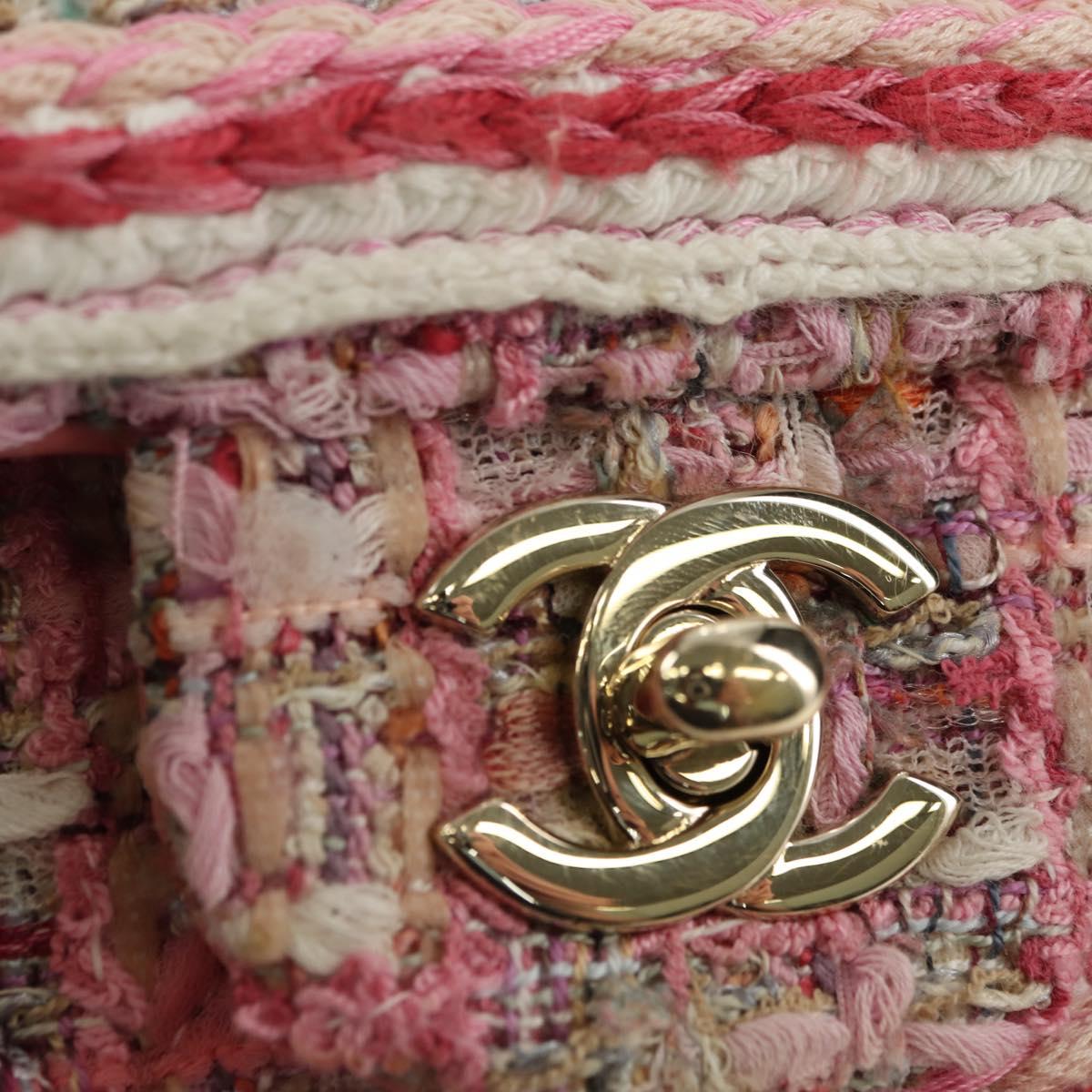 CHANEL Matelasse Chain Shoulder Bag Wool Tweed Pink Gold CC Auth 181936SAM