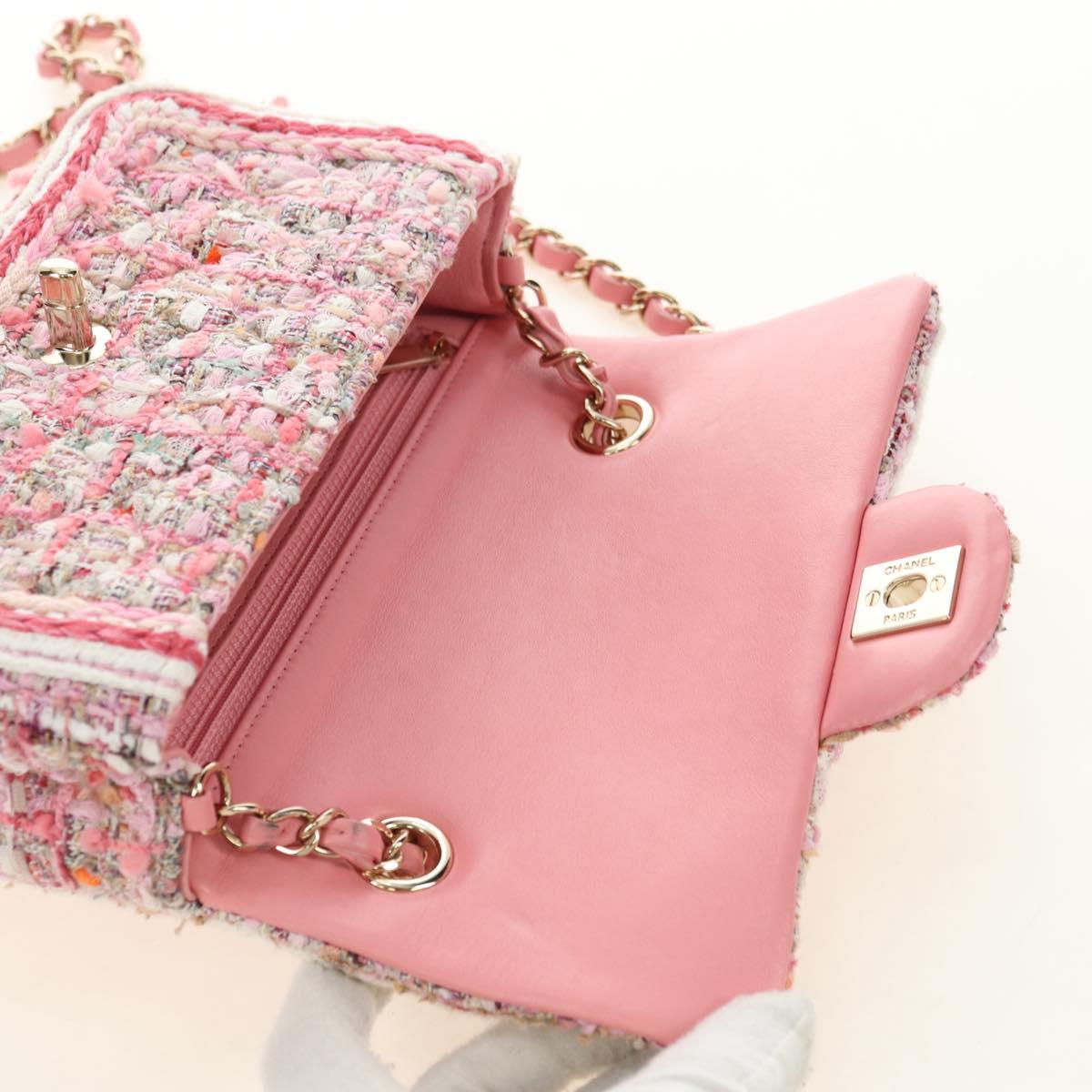 CHANEL Matelasse Chain Shoulder Bag Wool Tweed Pink Gold CC Auth 181936SAM
